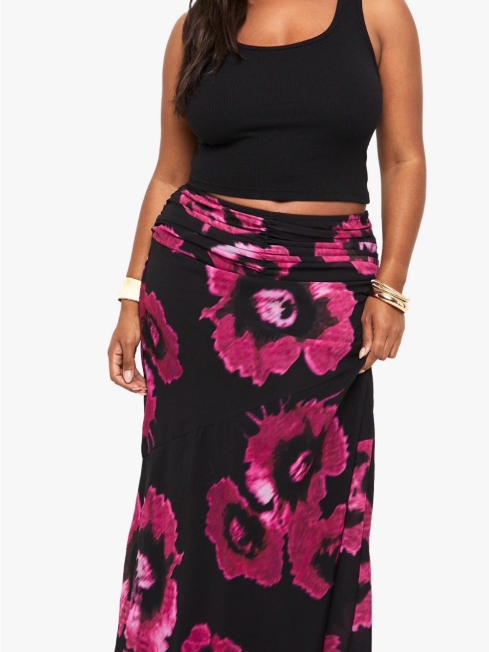 Boohoo Black Maxi Skirt with Fuchsia Floral Print